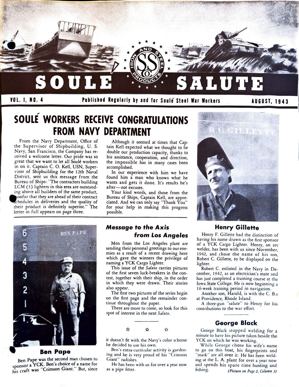 1943 Soule Steel newsletter cover with shipyard photos, welder, and worker portraits.