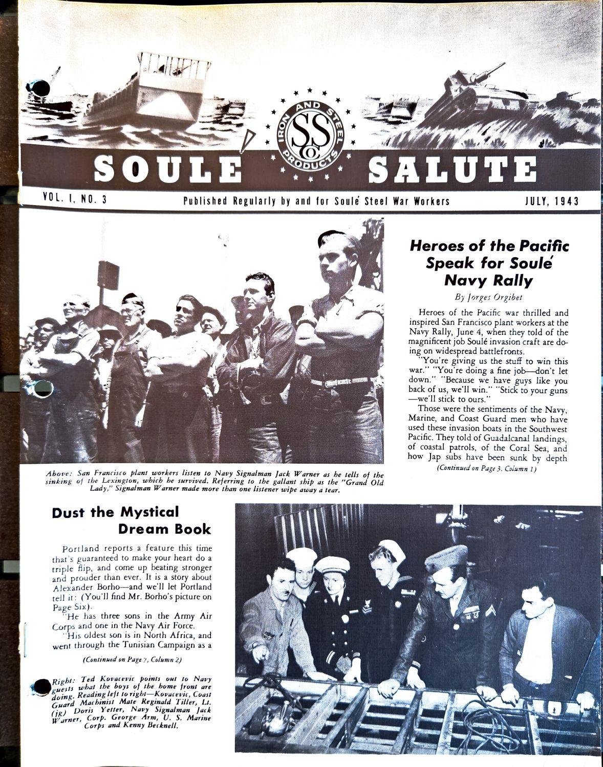Vintage 1943 Soule Steel newsletter cover showing a ship, workers, and a Navy rally photo.