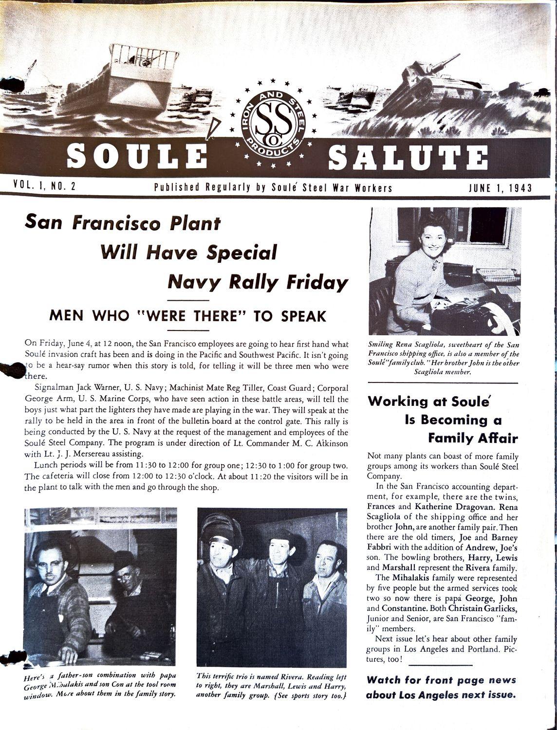 1943 Soule Steel newsletter cover with ship illustrations, headline, and photos of workers.