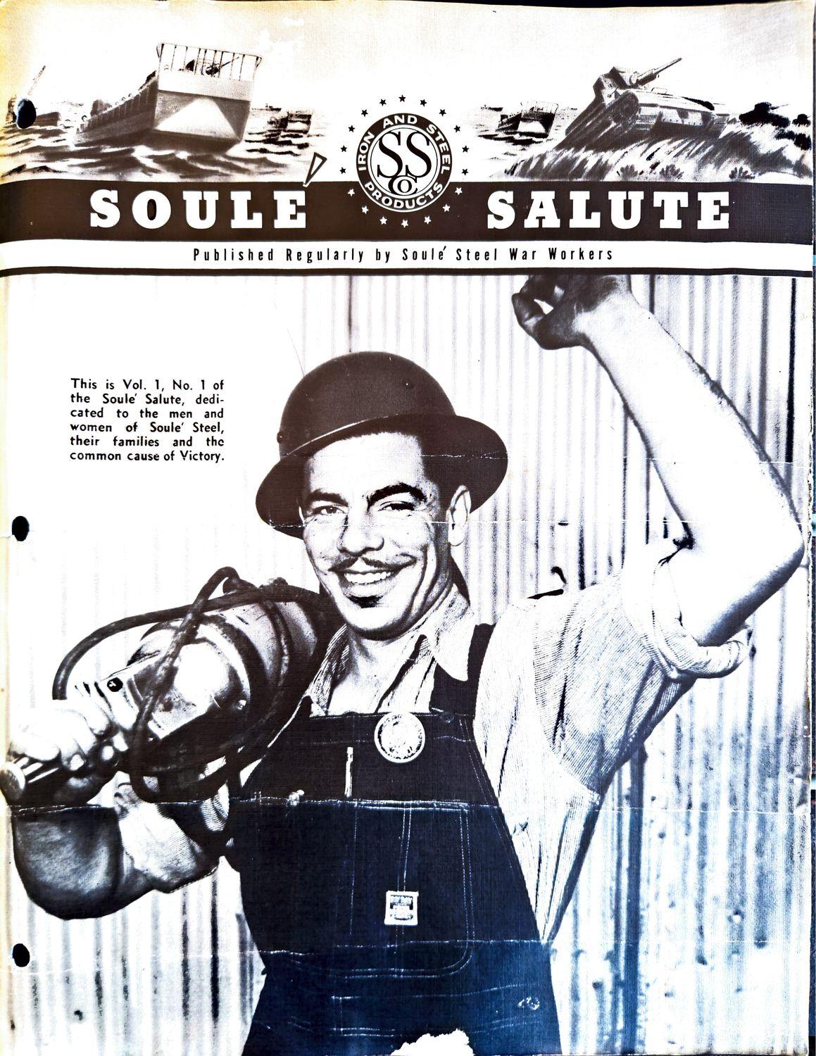 Smiling worker in overalls and helmet holding welding torch, Soule Salute newsletter cover.