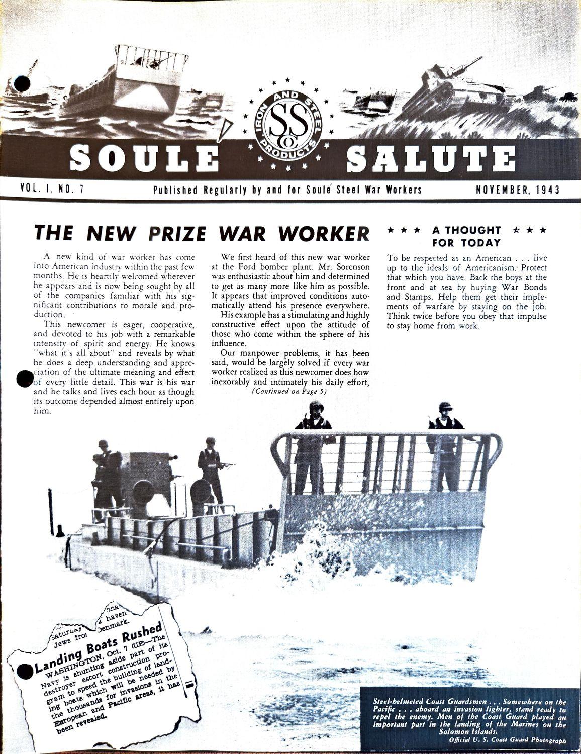 Vintage 1943 newsletter cover with headline and photo of men on a boat.