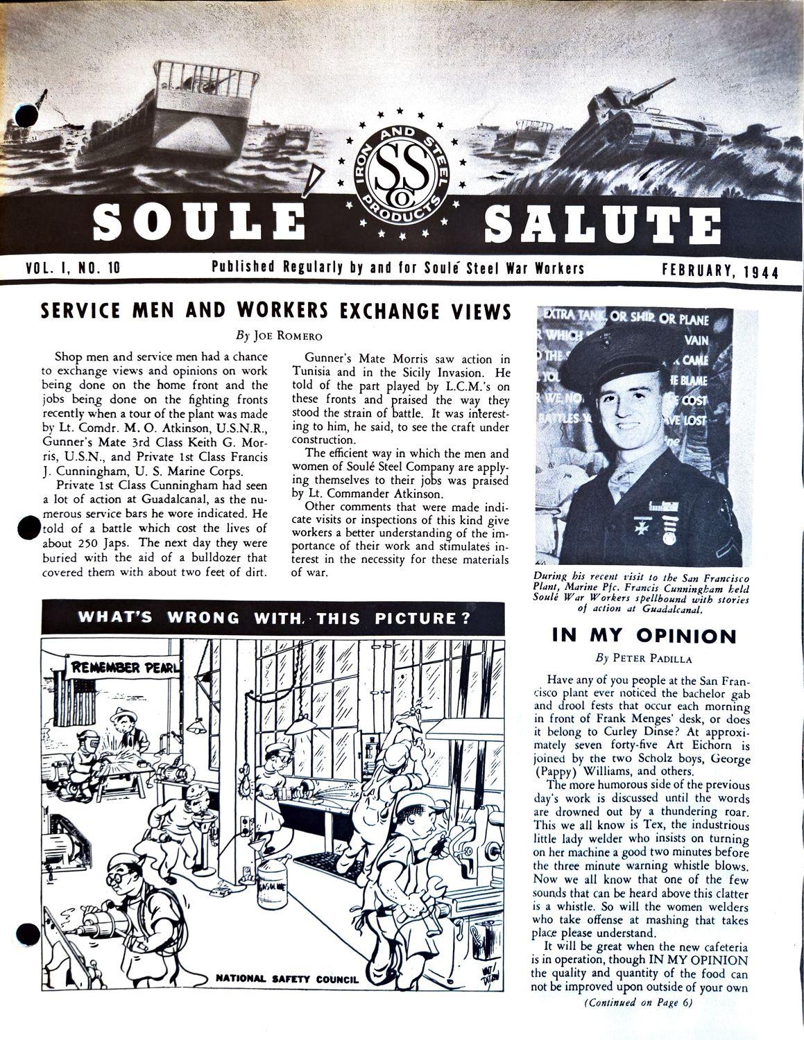 1944 newsletter cover with warship, soldier portrait, and safety cartoon.
