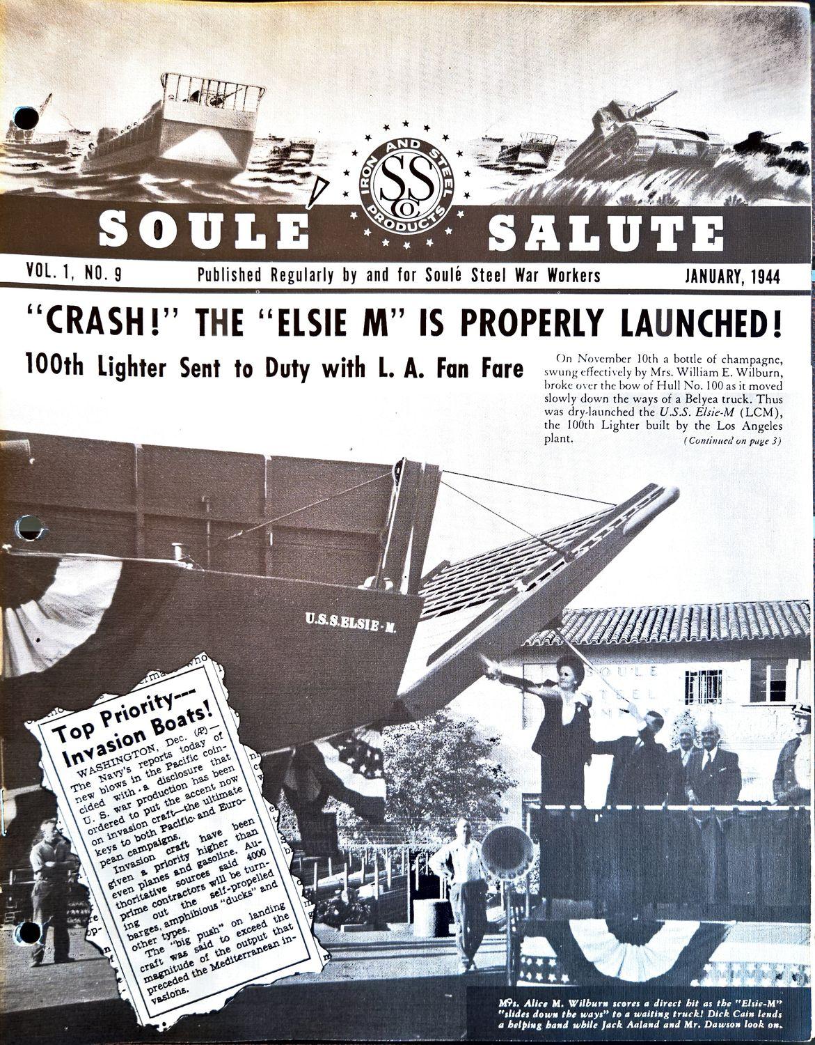 Newsletter cover with launch headline and photo of a landing craft on a platform.