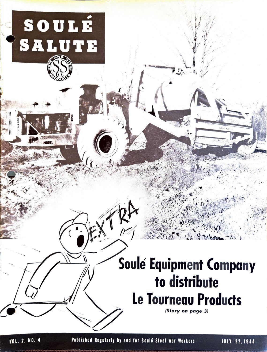 Construction vehicle on dirt site above cartoon figure running with newspaper.