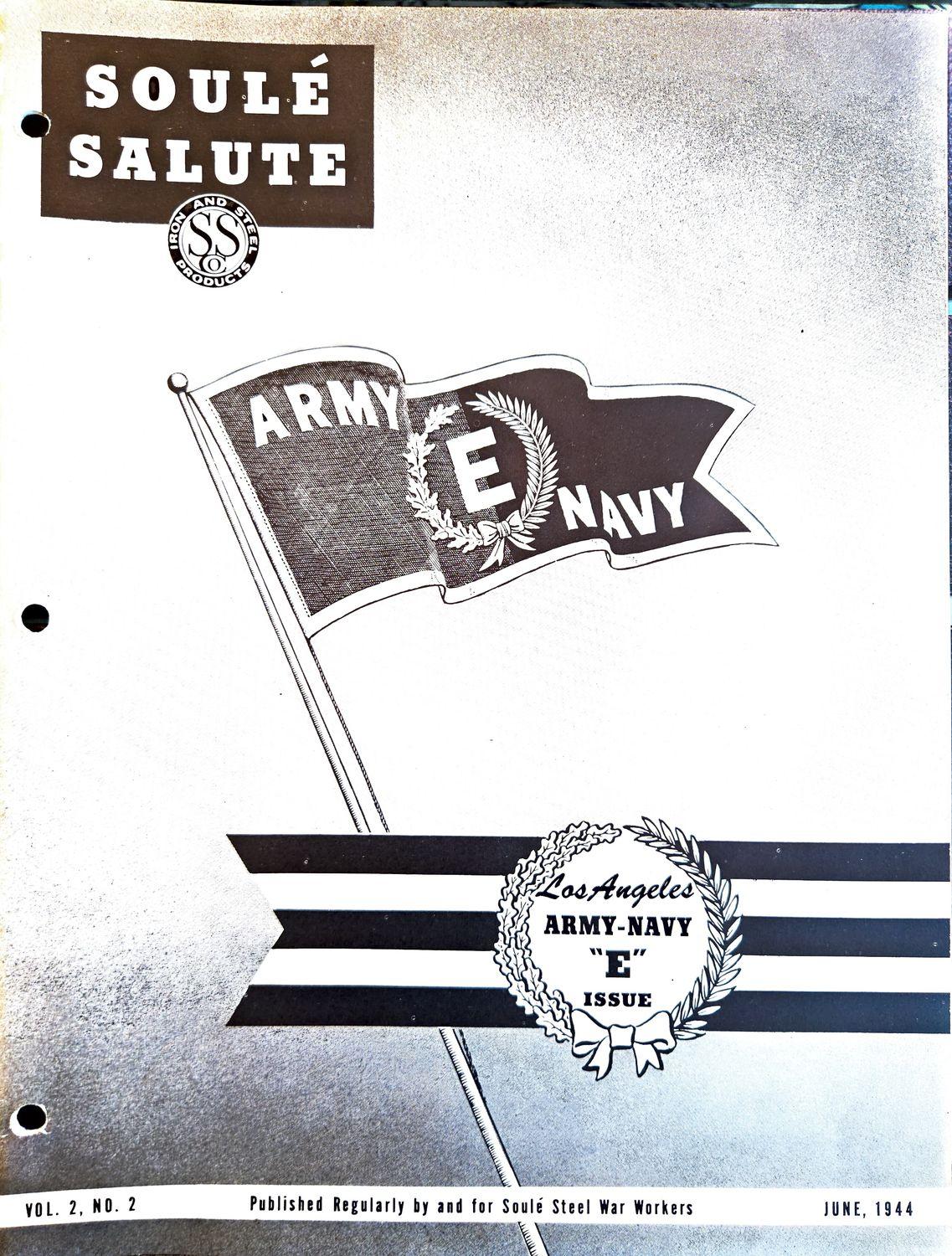 Black and white newsletter cover featuring a flag with Army, Navy, and E text.