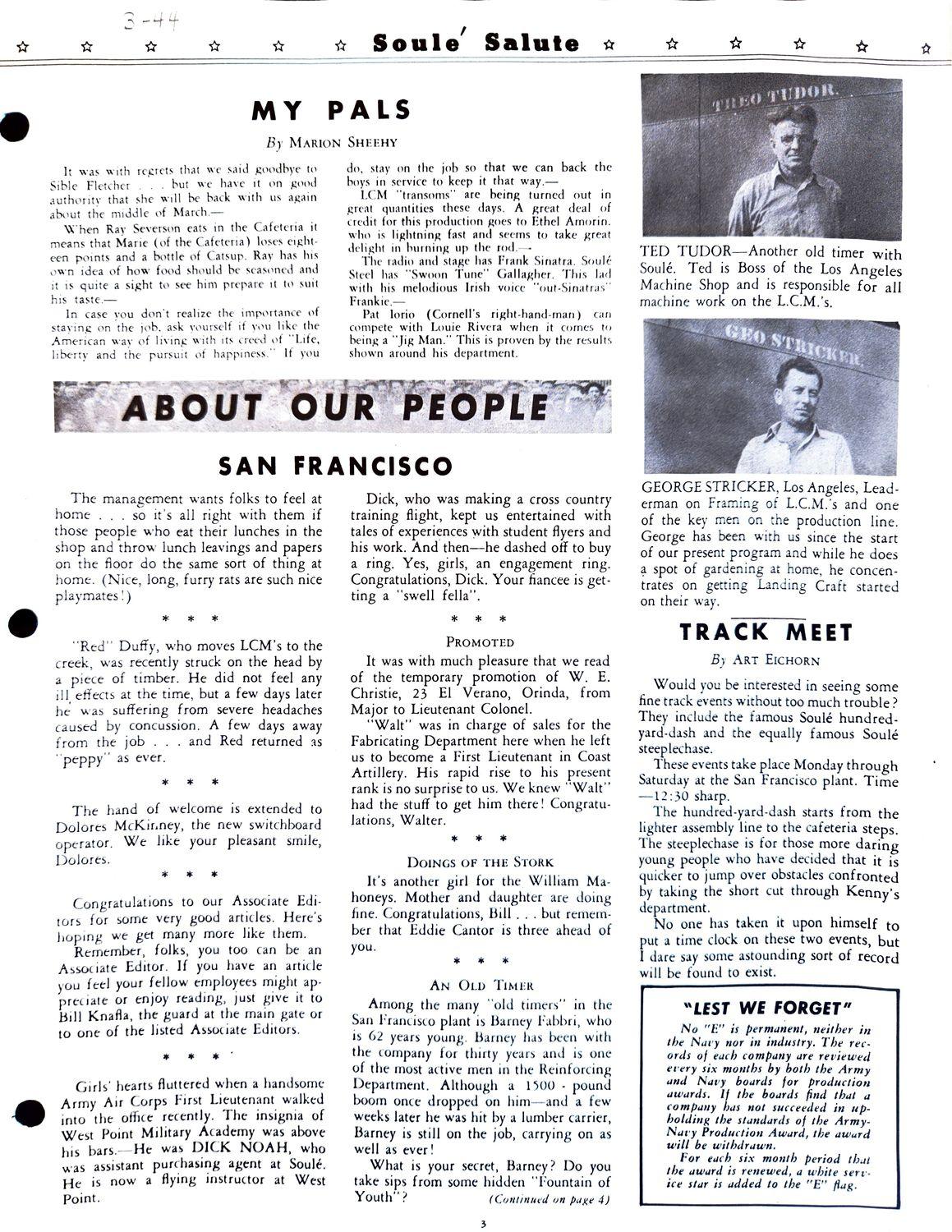 Vintage employee newsletter page with headlines, two portrait photos, and a boxed notice.