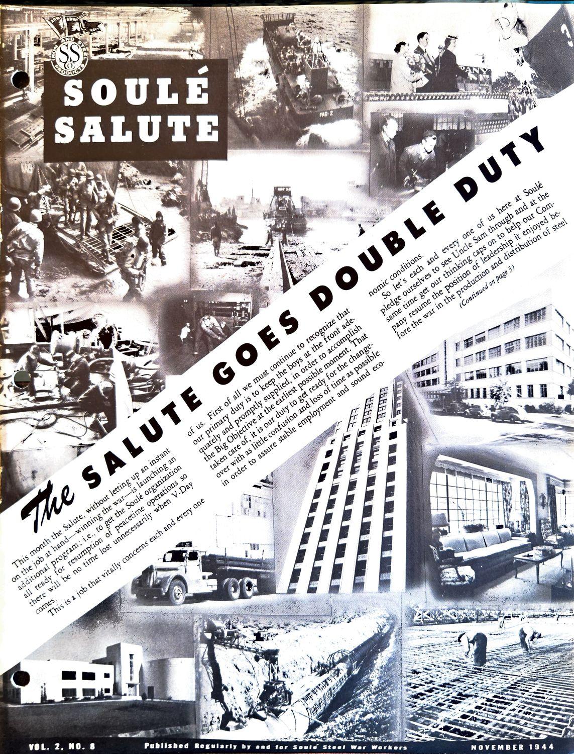Newsletter cover with diagonal headline and collage of industrial and wartime photos.