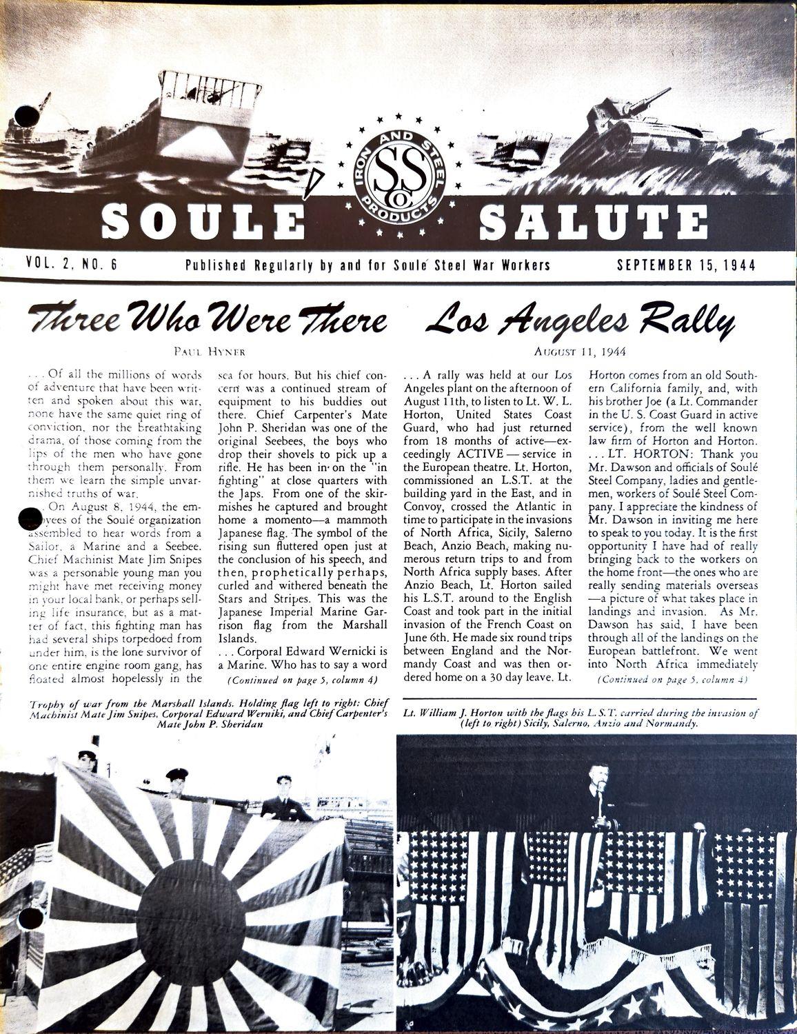 Soule Steel 1944 newsletter cover with war banner, headlines, and flag photos.