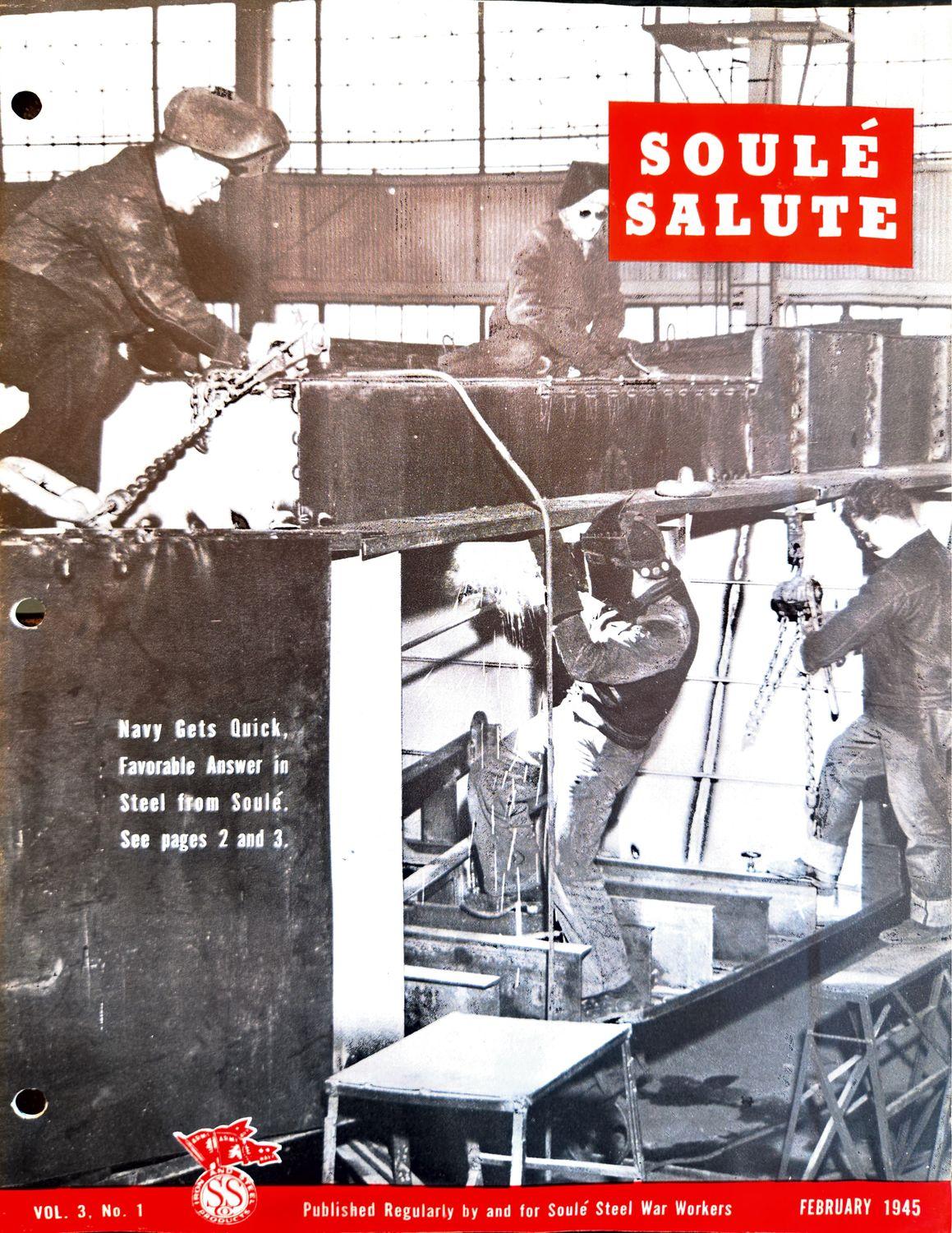 Black-and-white photo of steelworkers welding and moving metal beams in a factory.