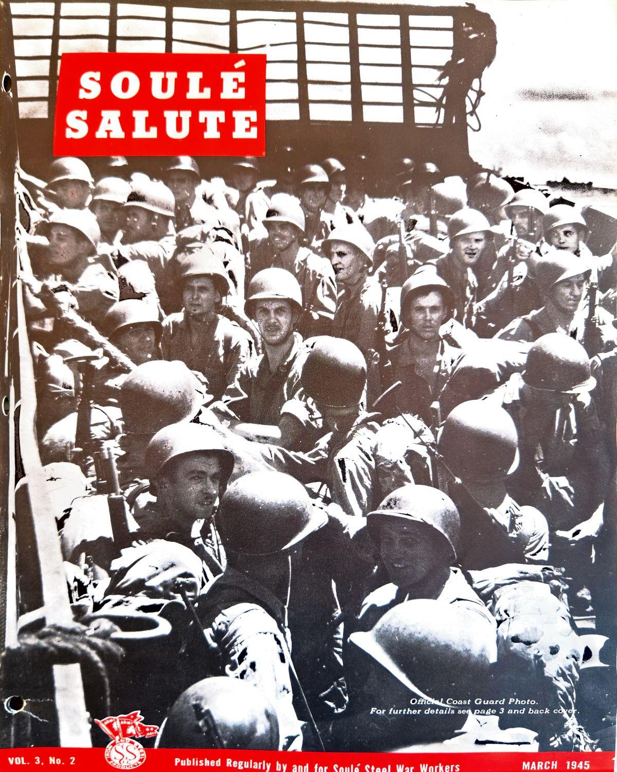 Crowded black-and-white photo of helmeted soldiers under a red Soule Salute masthead.