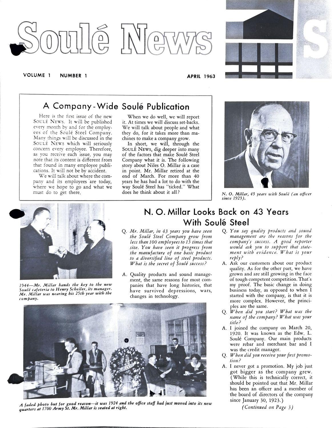 A 1963 newsletter cover with a man's portrait and an article headline.