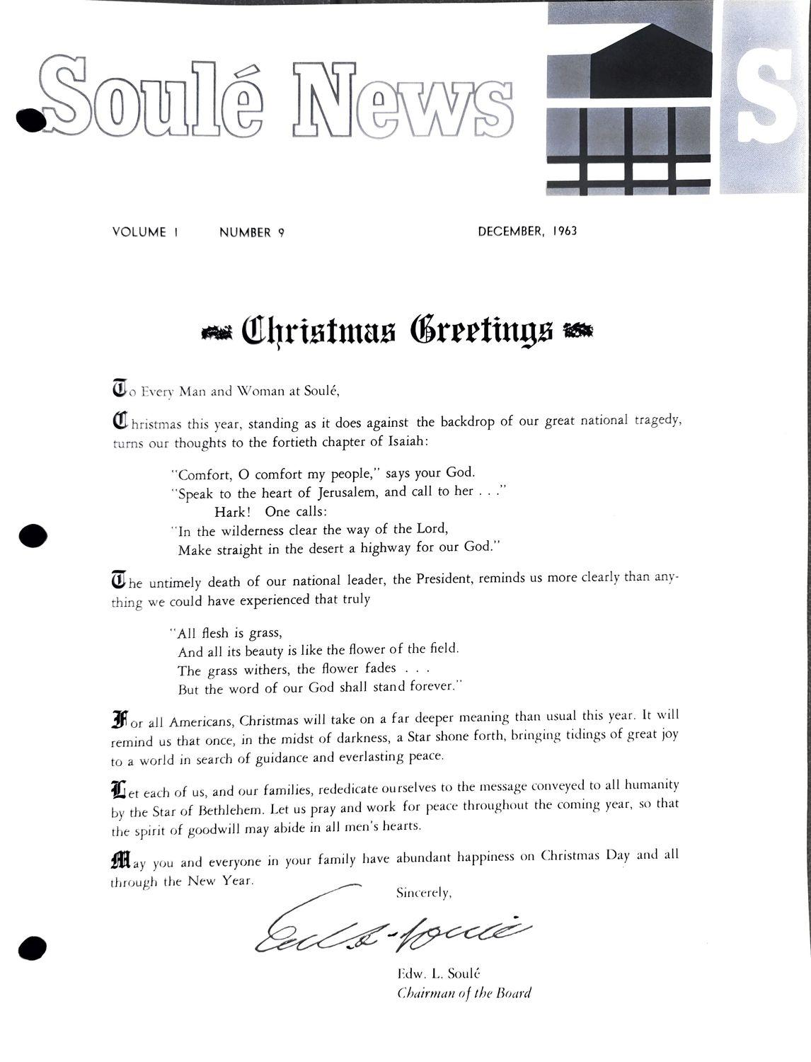 Soule News newsletter cover titled Christmas Greetings with a letter and a small house graphic.