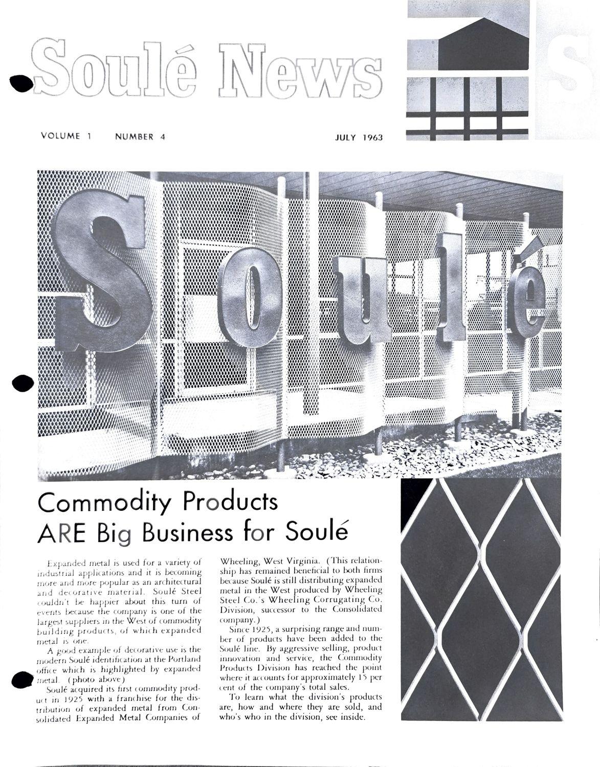 Black and white photo of Soule's name in large metal letters mounted on a perforated metal wall.