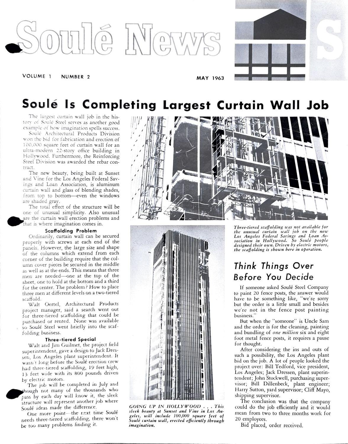 A large photo of a building under construction with scaffolding, next to text about a curtain wall job.
