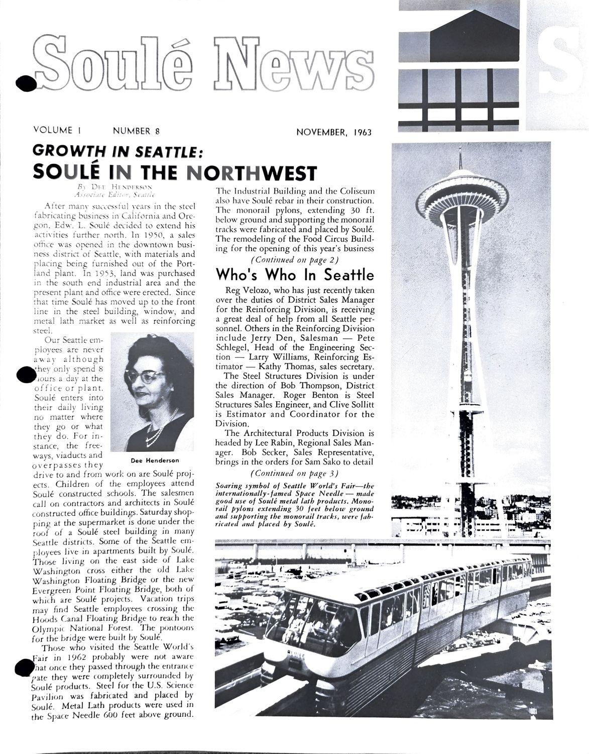 1963 Soule News newsletter cover with Seattle headline, portrait, and Space Needle photo.