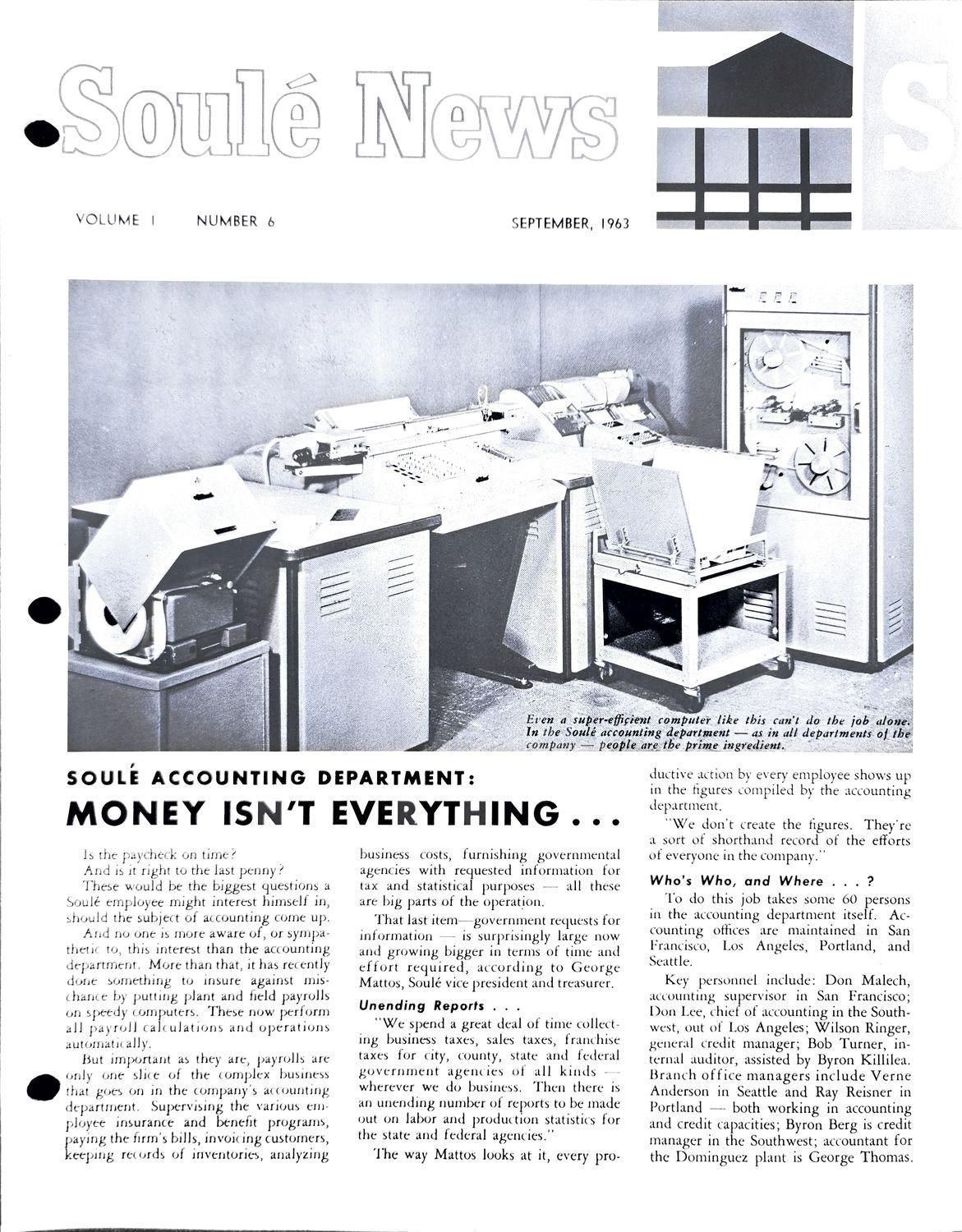 Newsletter cover with a black-and-white photo of a large computer system and accounting article.