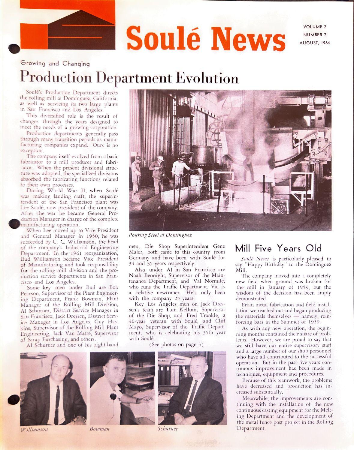 Soulé News 1964 cover with production department headline and photo of workers pouring steel.