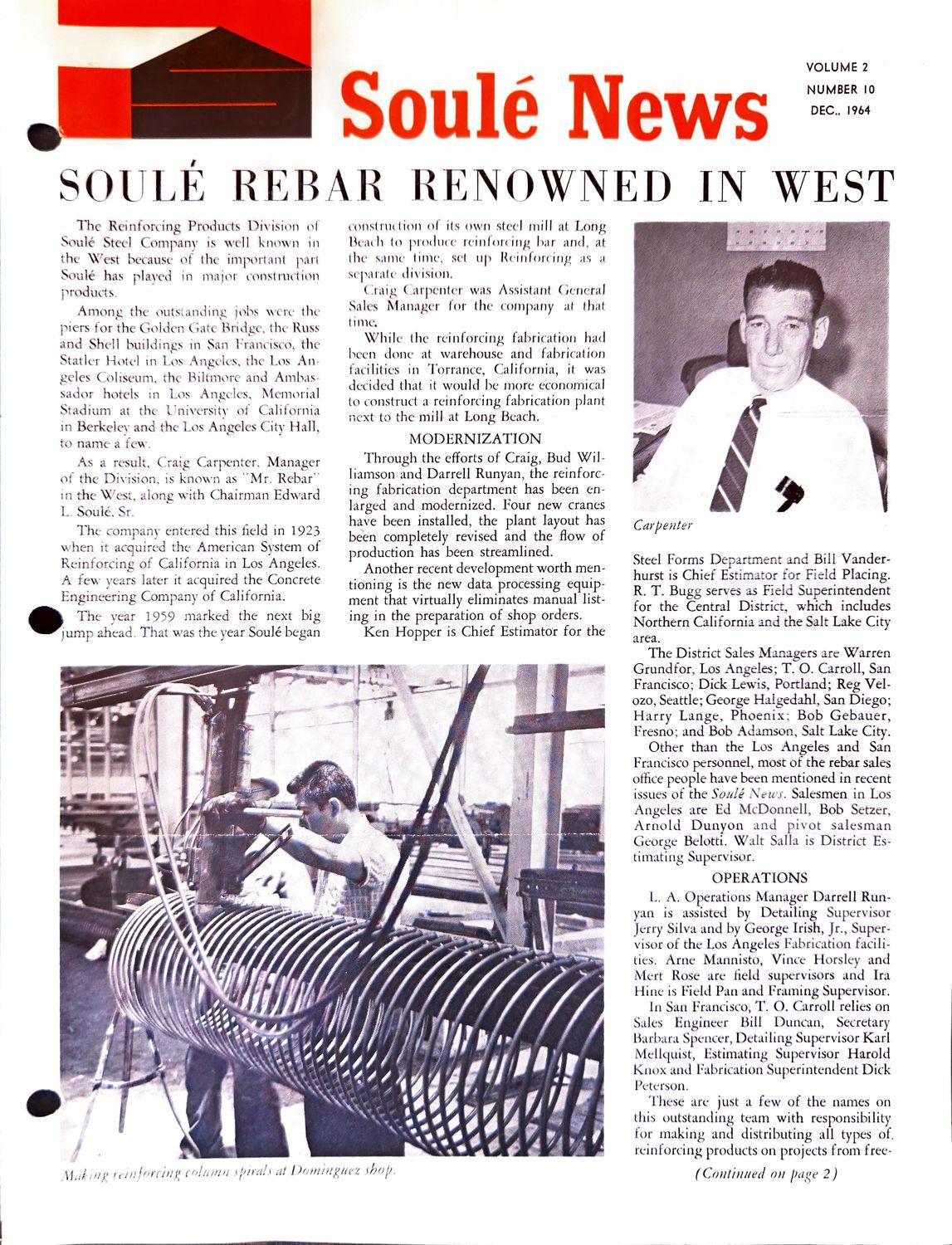 Newsletter cover with headline, portrait of a man, and photo of workers handling rebar.