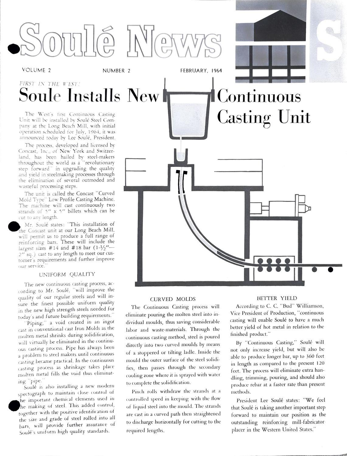 Diagram of a continuous steel casting machine with molten metal flowing through curved molds.