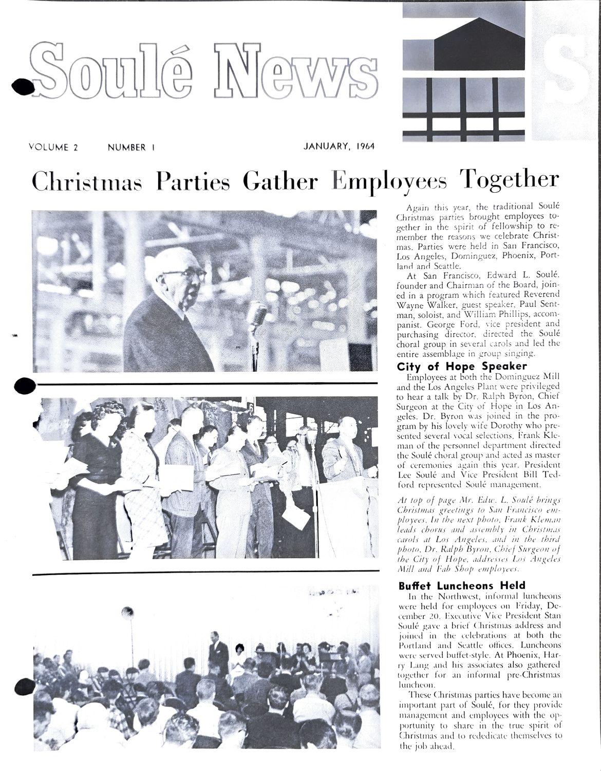 Black-and-white newsletter cover with headline and three photos of employees at Christmas parties.