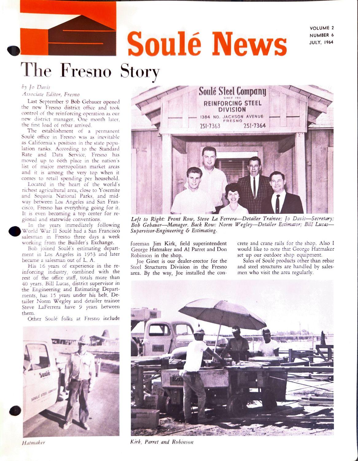 Newsletter cover with headline The Fresno Story, group photo of staff, and rebar work photos.