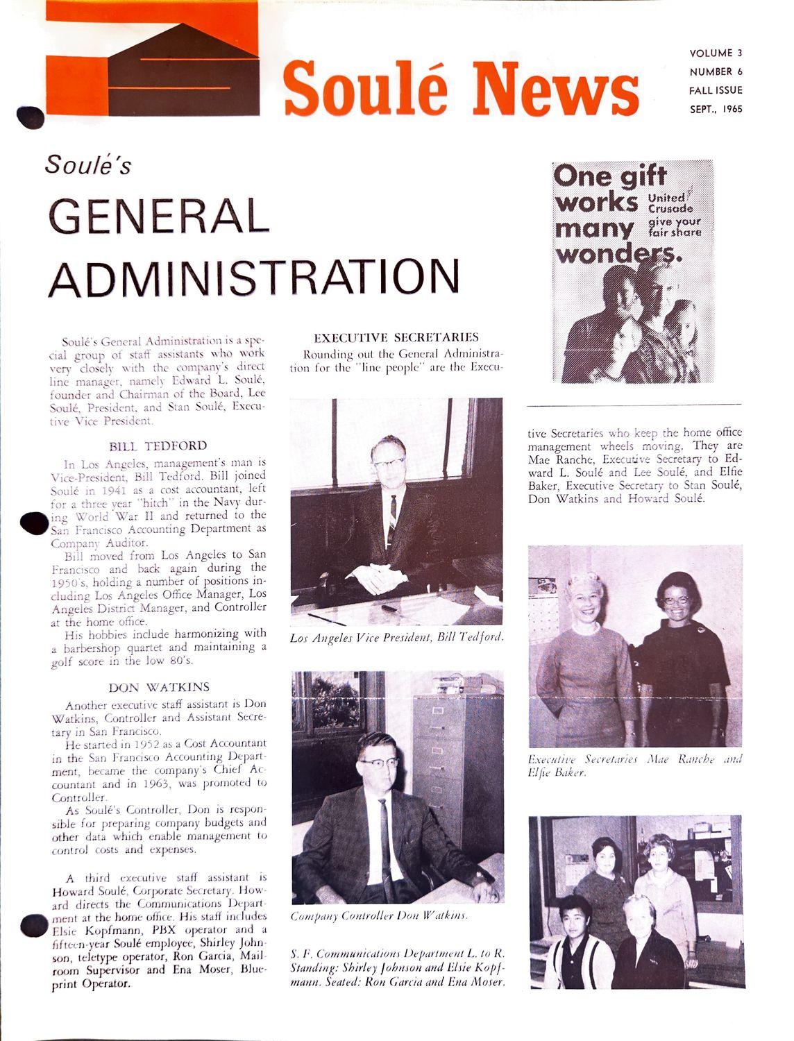 1965 Soule News newsletter cover with headline and photo of a man at a desk.