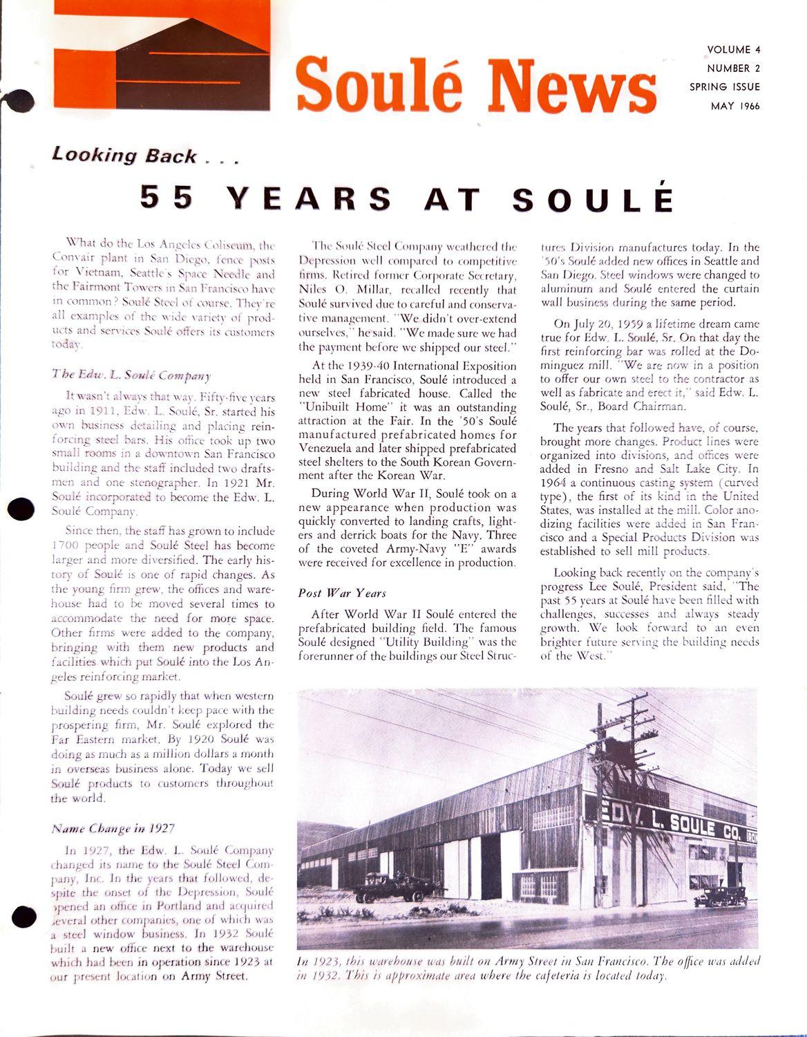 Newsletter cover with headline 55 Years At Soule and a warehouse photo.