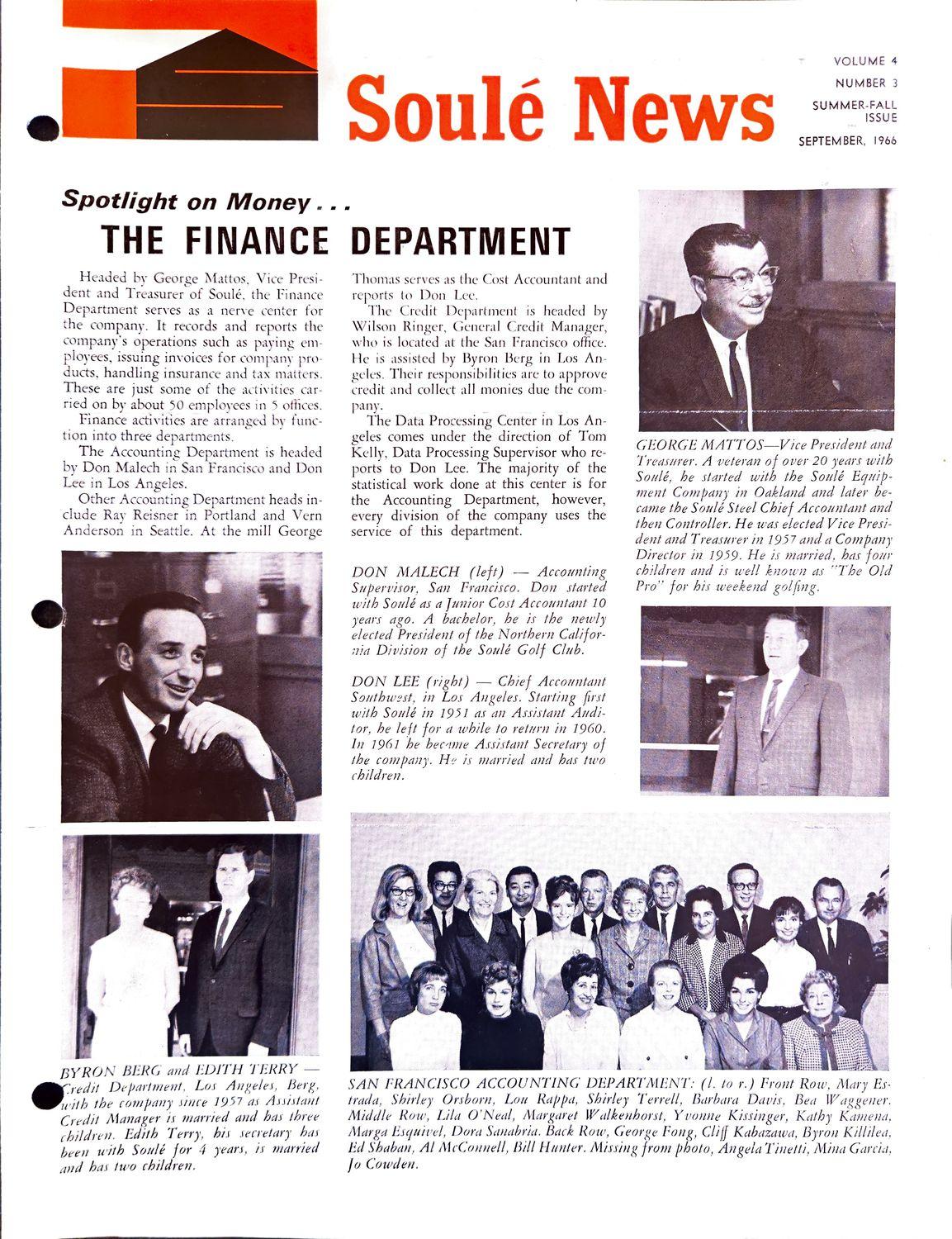 Soule News newsletter page with finance department headline and employee photos.