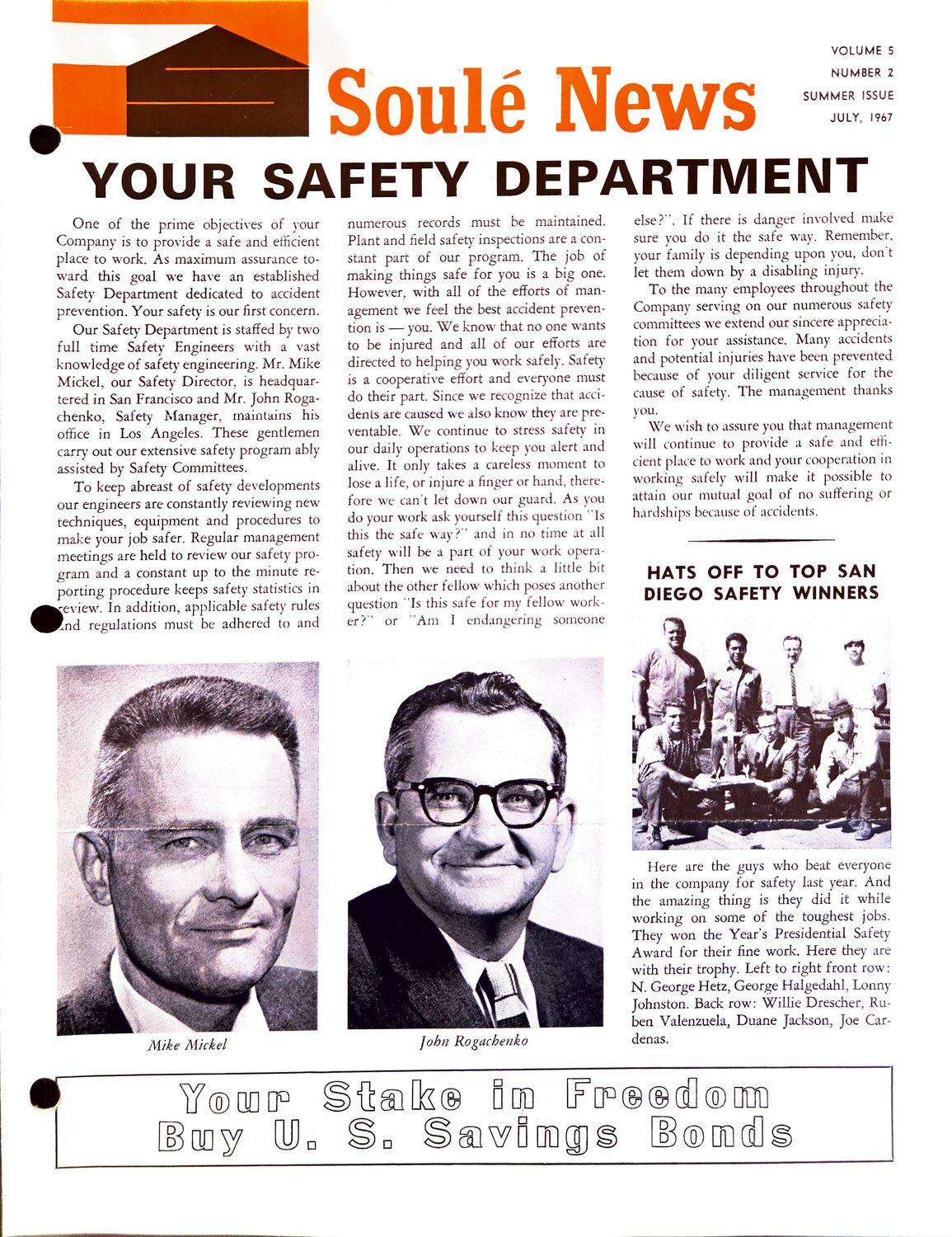 1967 Soule News cover with safety article, two portraits, and a group photo.