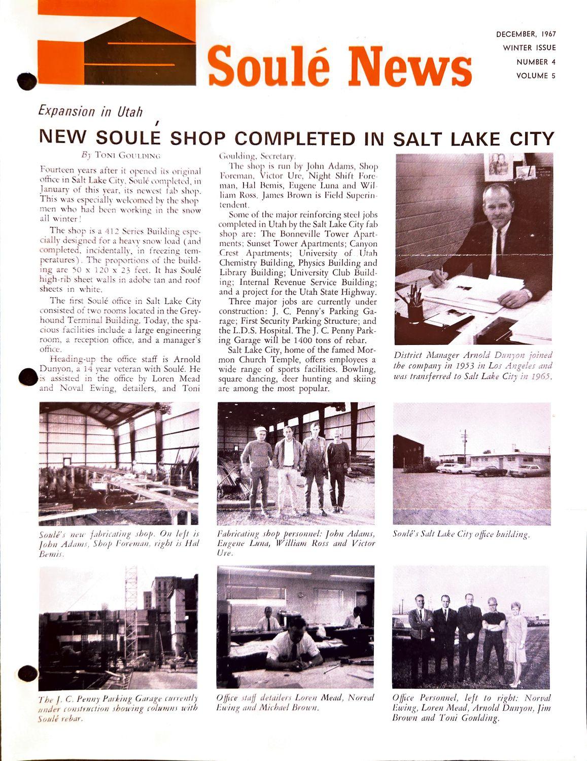 Soule News newsletter cover with headline and black-and-white photos of a shop and staff.