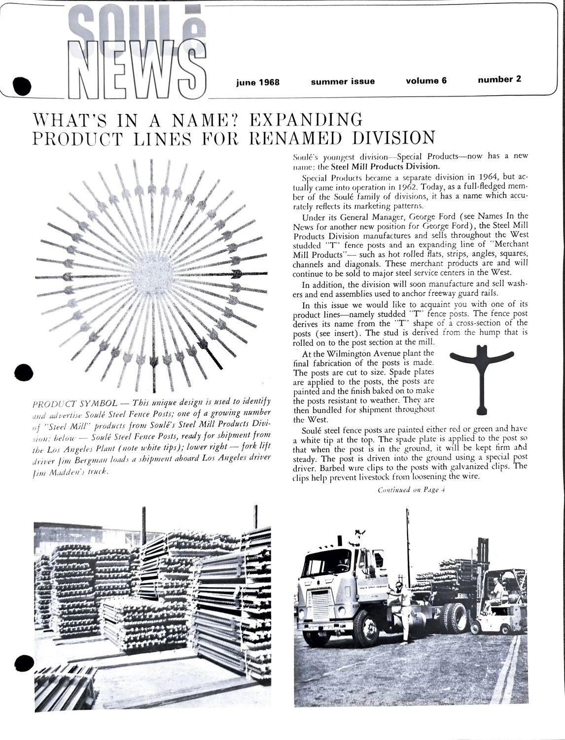 1968 Soule News cover with starburst fence-post symbol, stacked steel posts, and a truck.