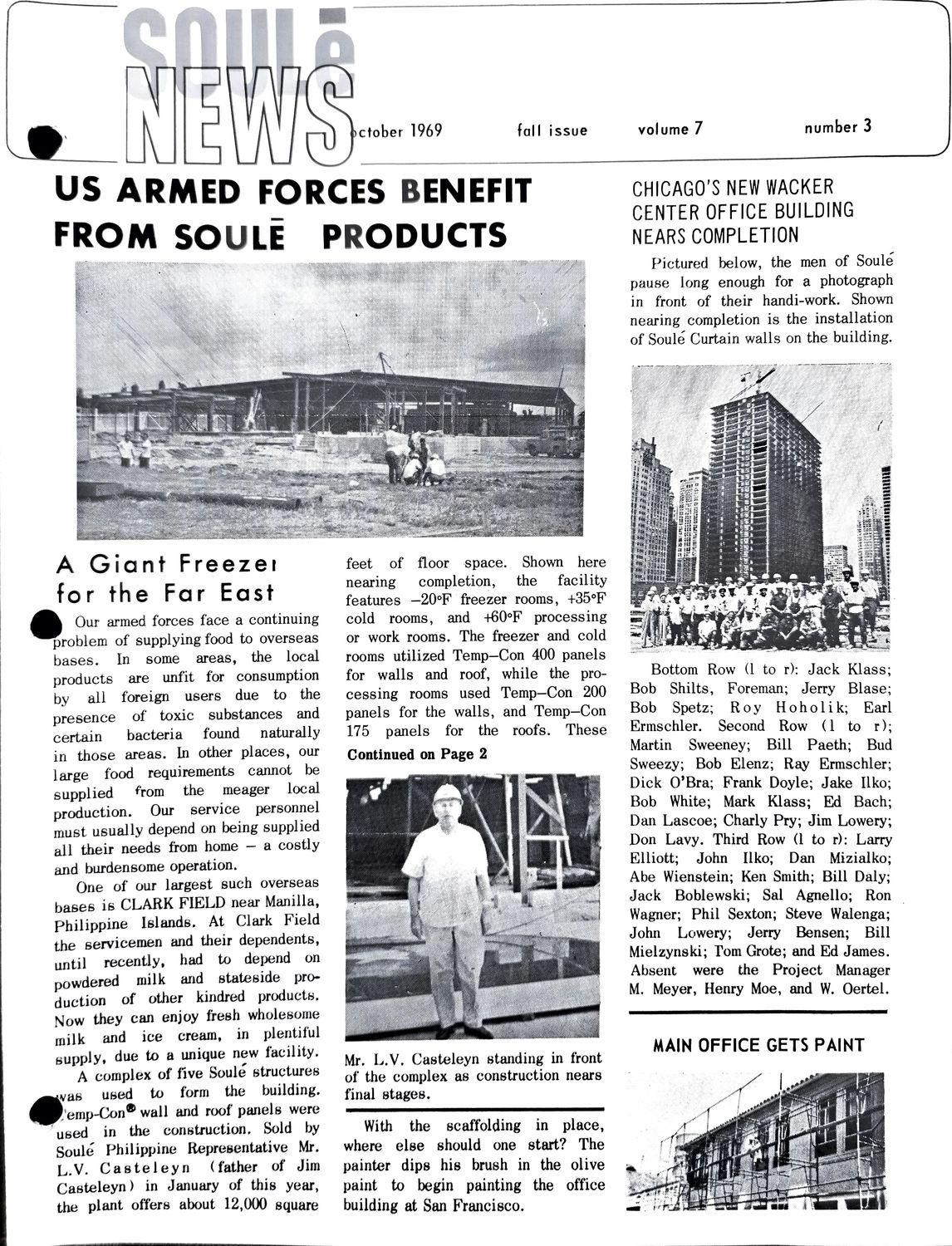 1969 Soule Steel newsletter cover with construction photo and armed forces benefit headline.