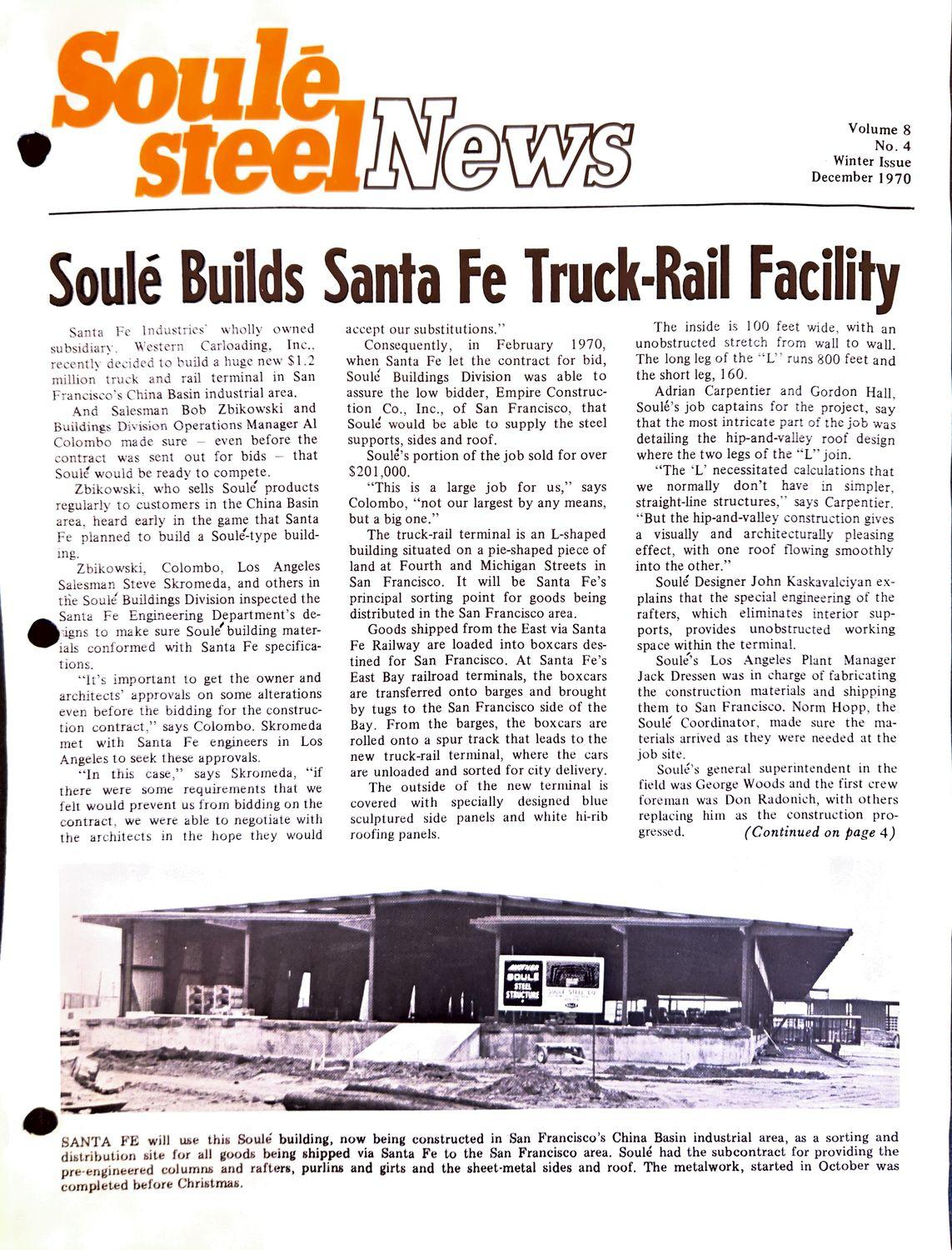 Vintage newsletter cover with orange masthead, headline, and photo of a steel building under construction.