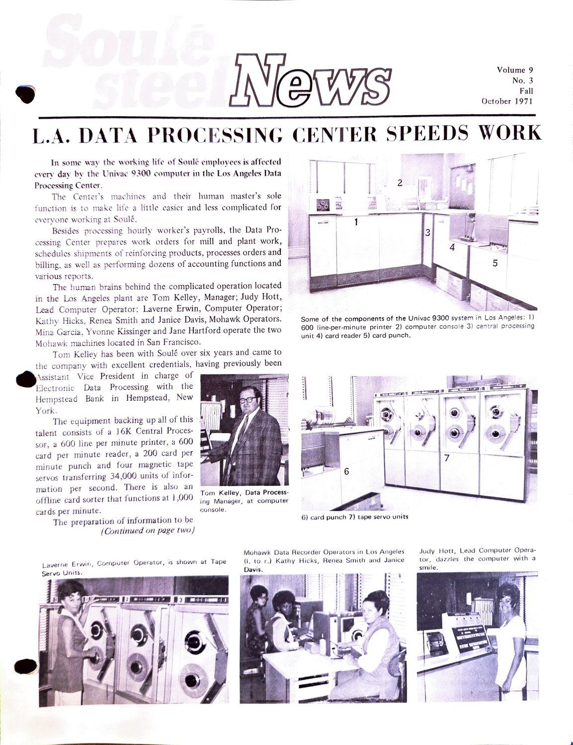 Newsletter cover with headline about a data center and photos of people using computers.
