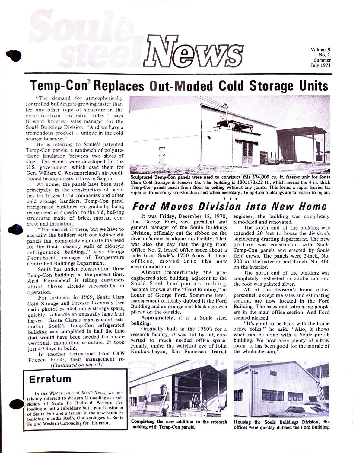 Newsletter cover with Temp-Con headline and photo of a freezer building.