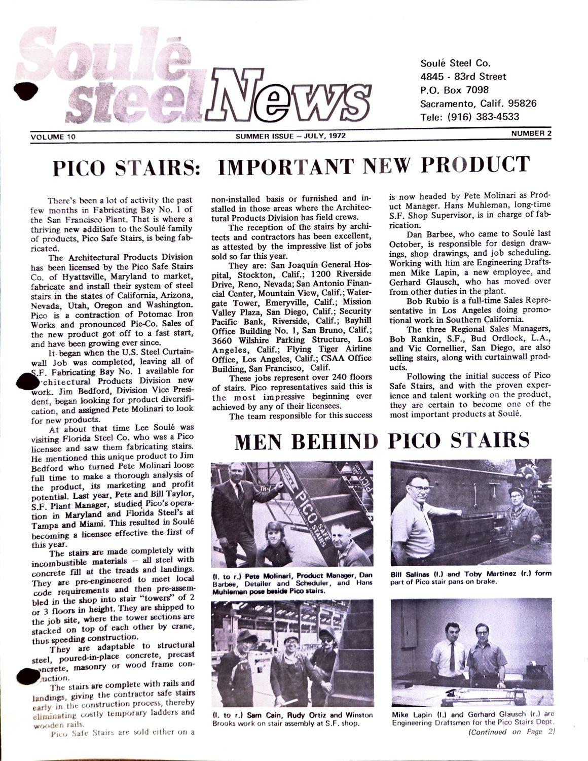 1972 Soule Steel newsletter cover with Pico Stairs headline and worker photos.