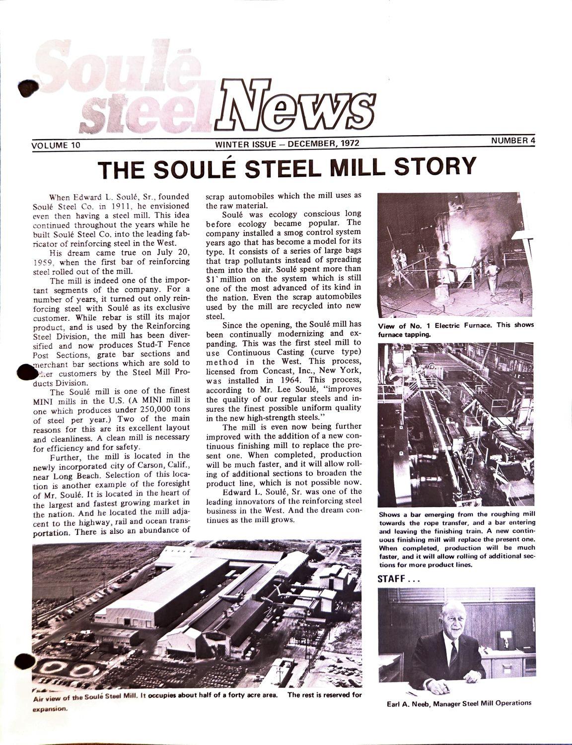 Newsletter cover with headline and photos of a steel mill and a man.