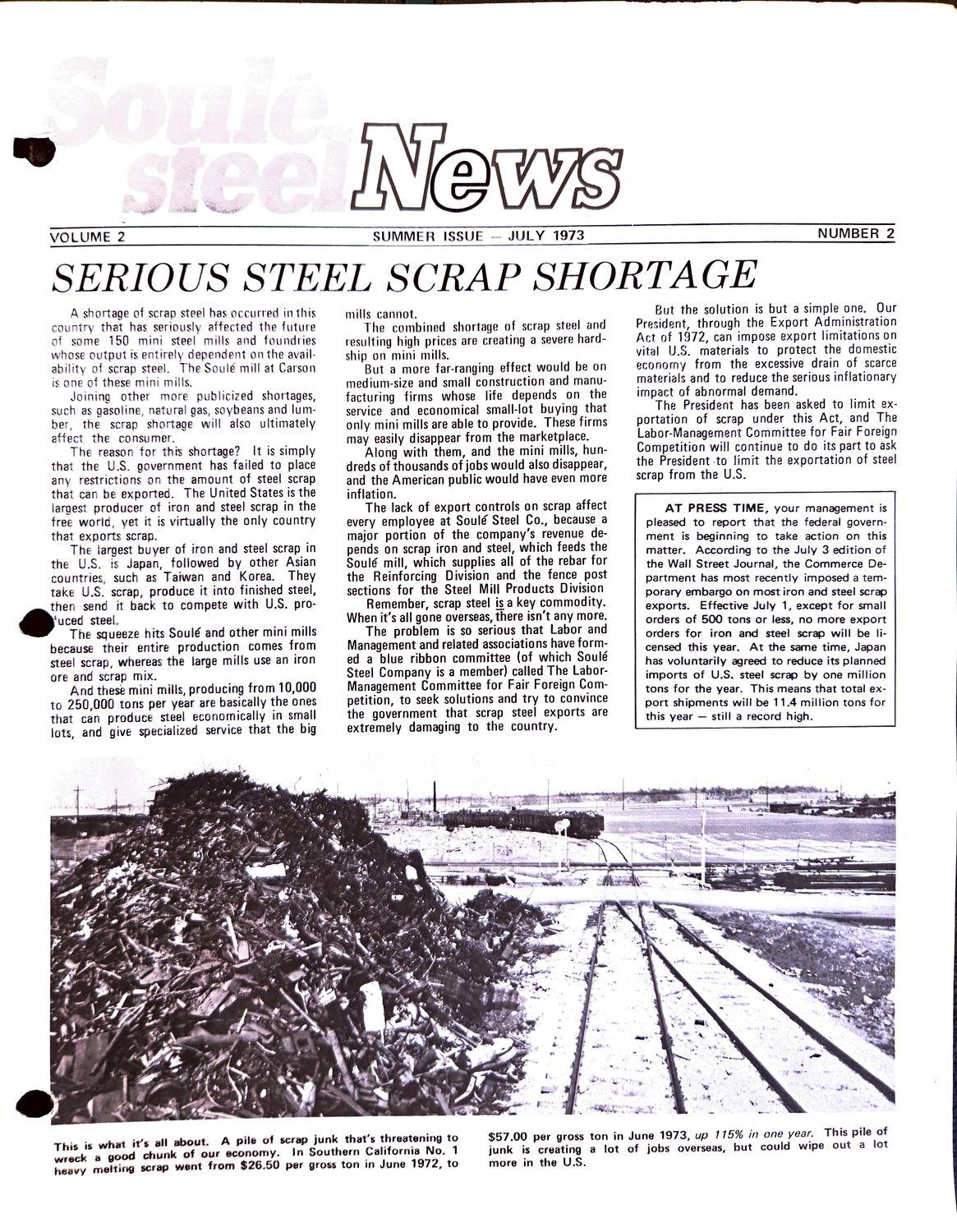 Newsletter cover with steel scrap shortage headline above a photo of a large scrap pile.