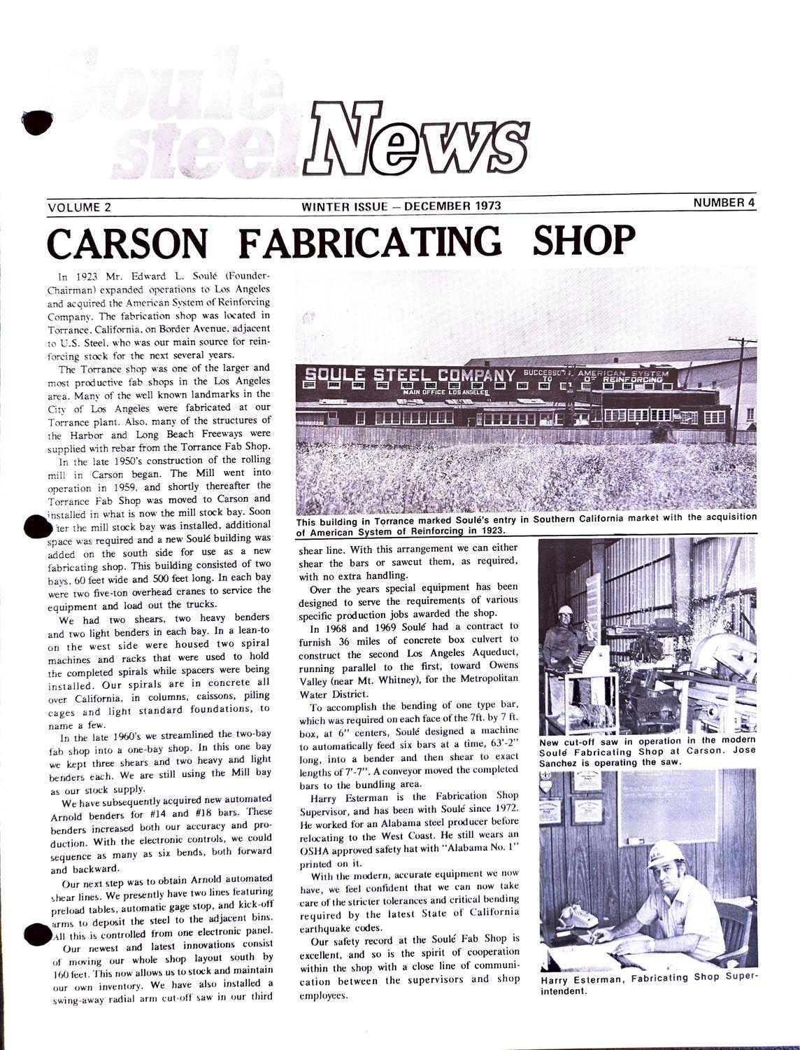 Newsletter cover with headline Carson Fabricating Shop and a photo of a building.