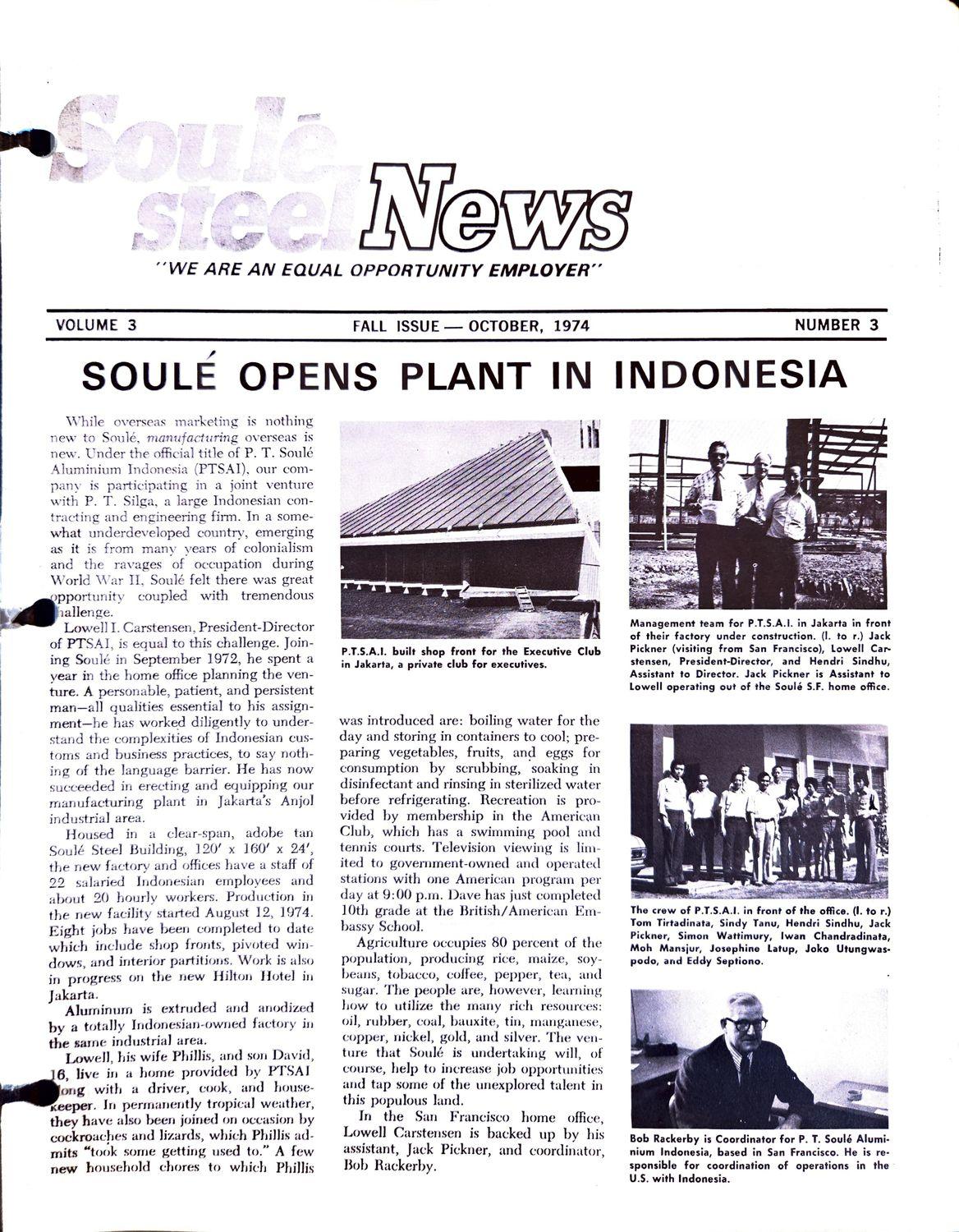 Newsletter cover with headline about Soule opening a plant in Indonesia and three photos.