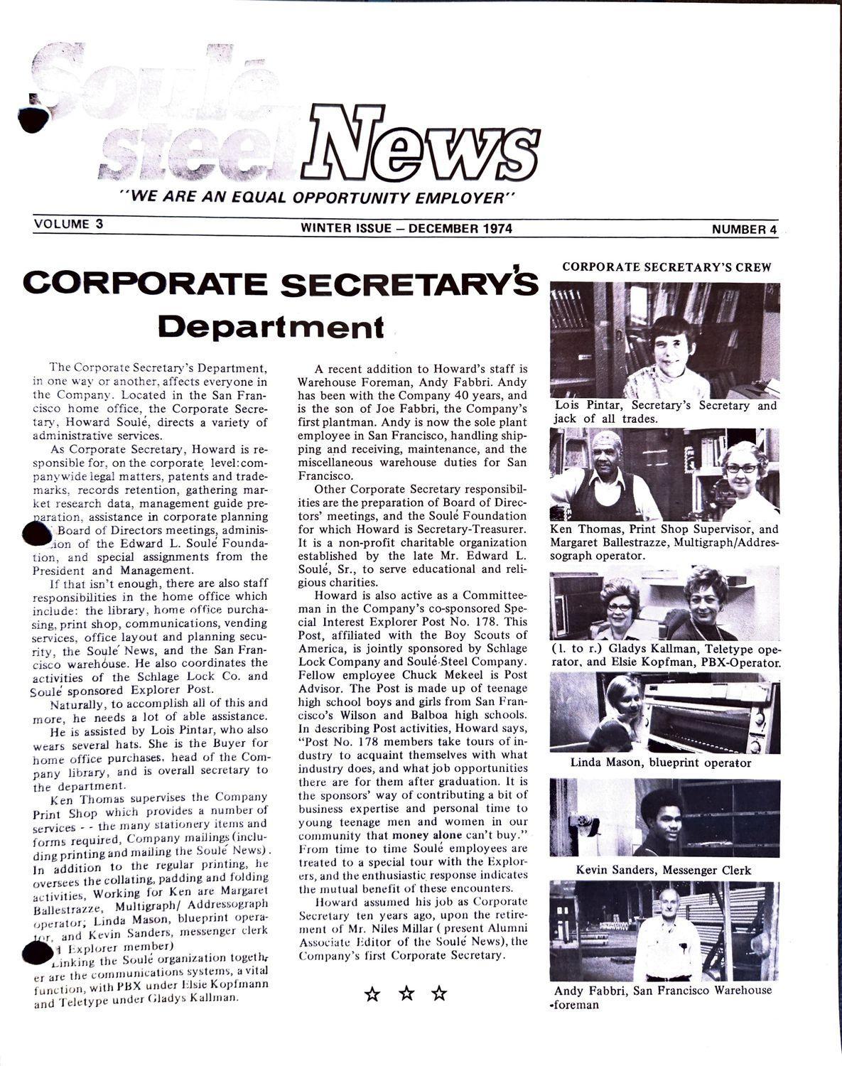 1974 employee newsletter cover with headline and staff photos.