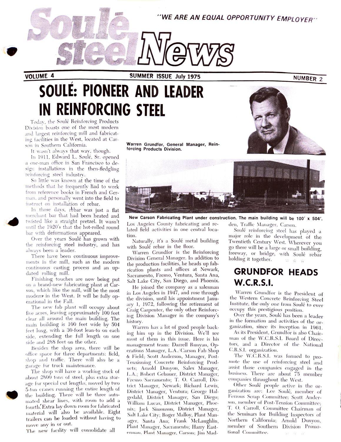 Newsletter cover with headline, portrait of a man, and photo of a building under construction.