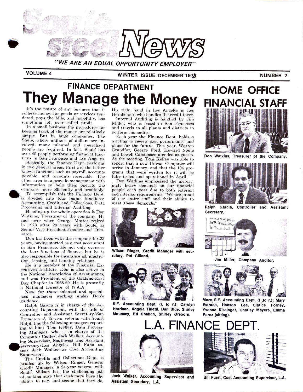 1975 employee newsletter cover with finance article and staff photos.