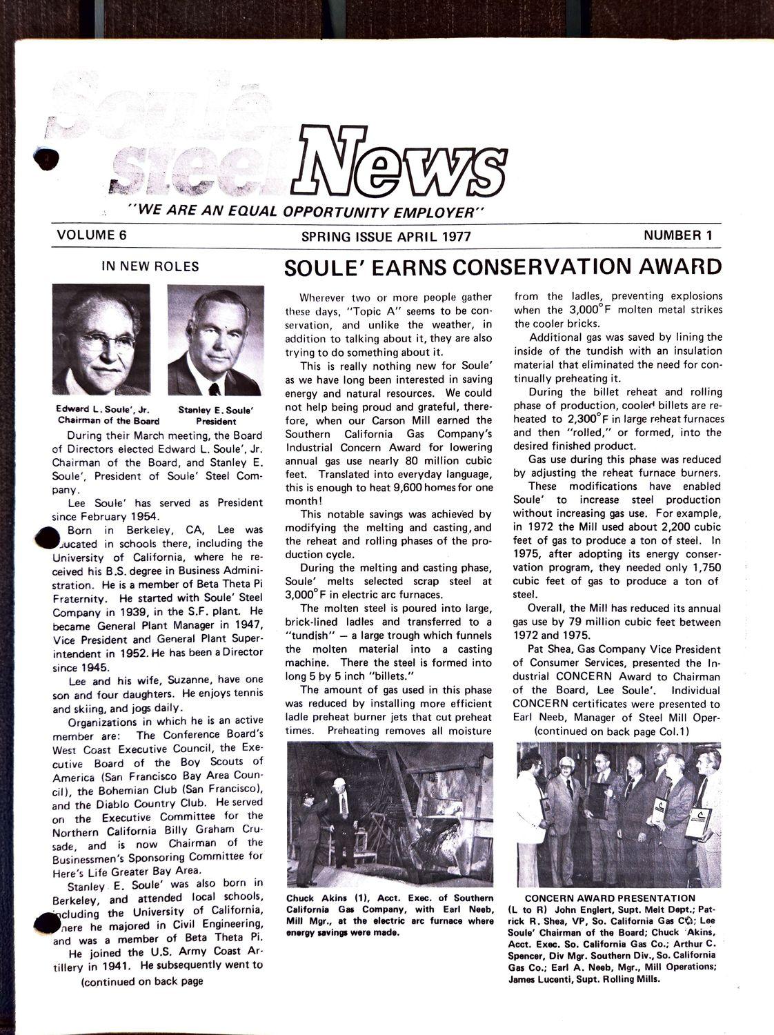 Newsletter cover with two men's portraits and workers at a steel furnace.