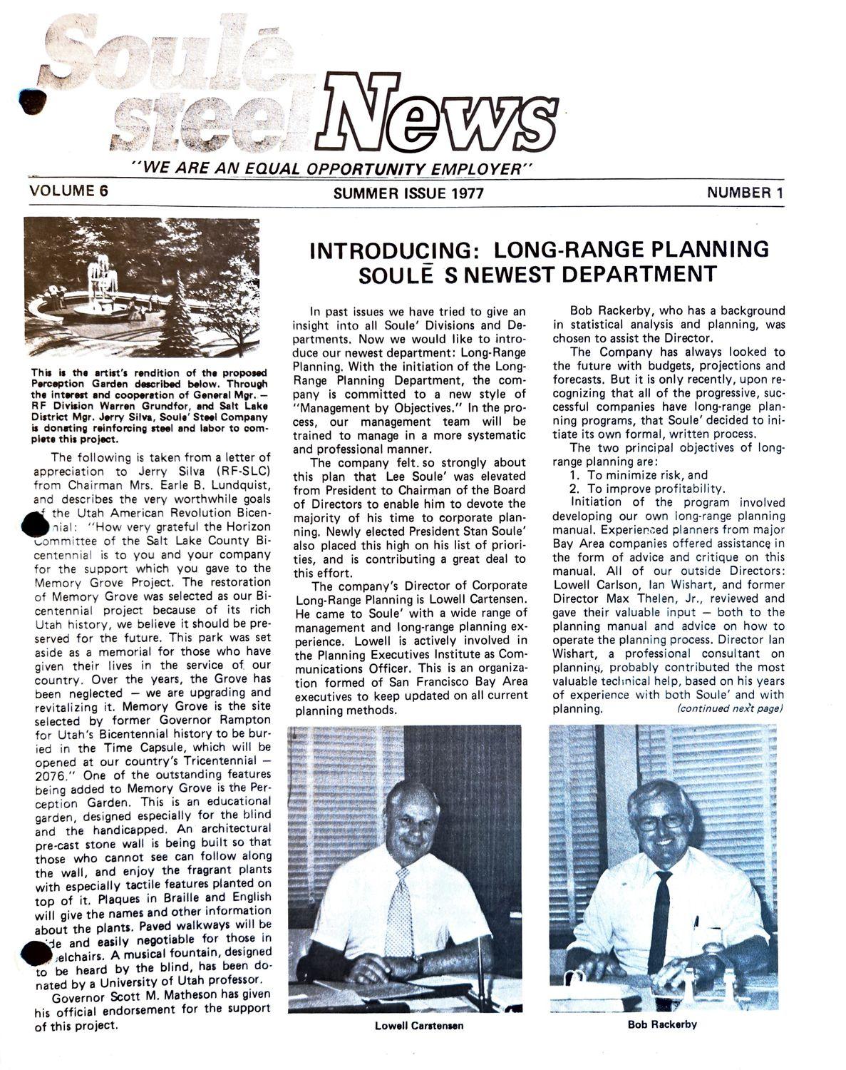 A 1977 newsletter cover with a headline and a photo of two men at a desk.