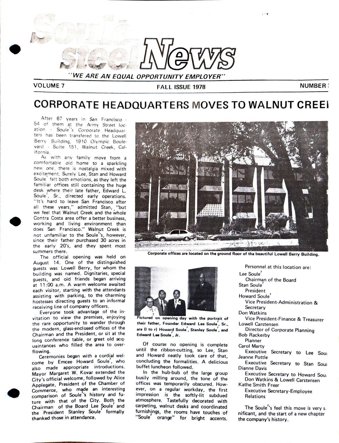 Newsletter cover with a building photo, a group photo, and text about a headquarters move.