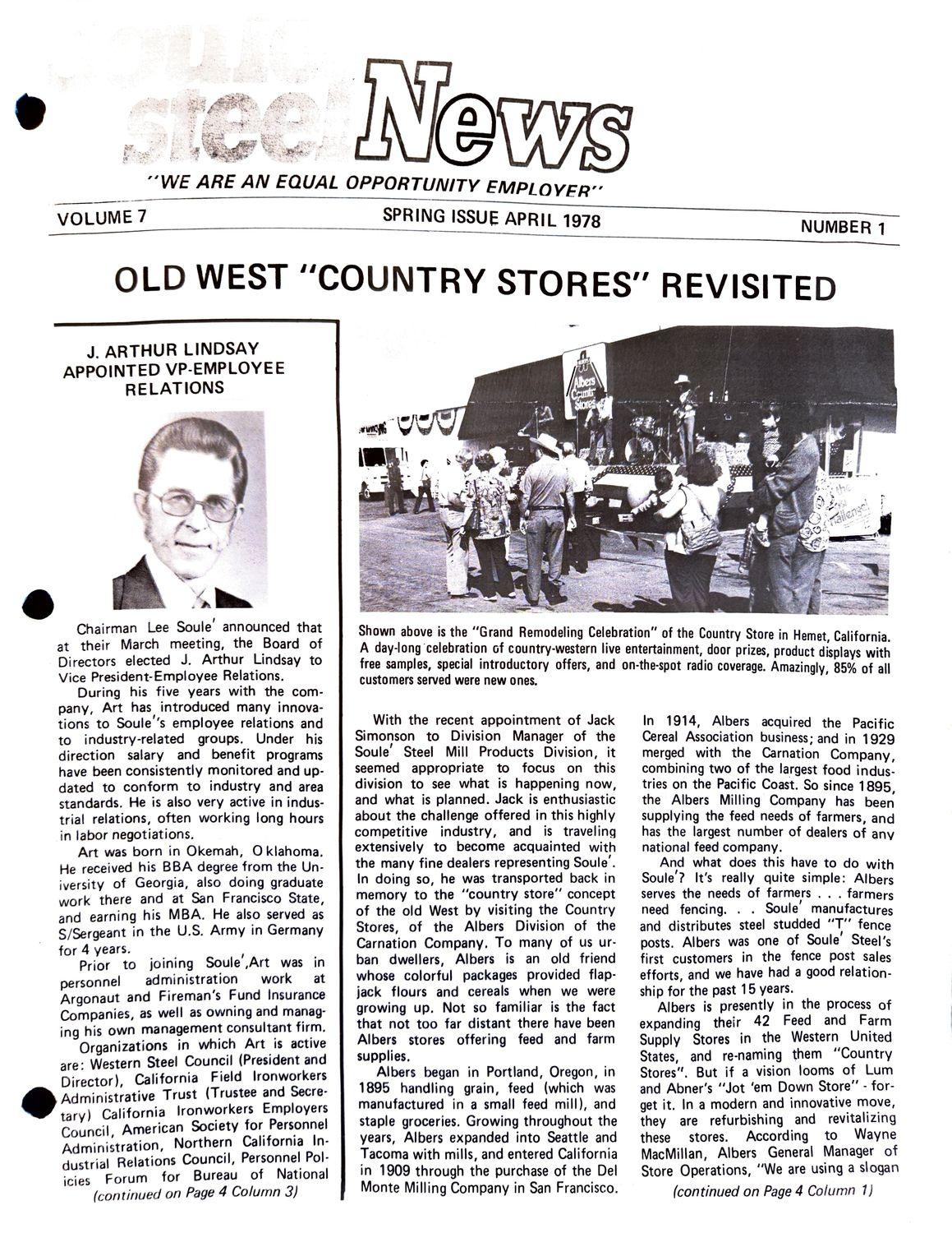 Newsletter cover with headline, a man's portrait, and a country store celebration photo.