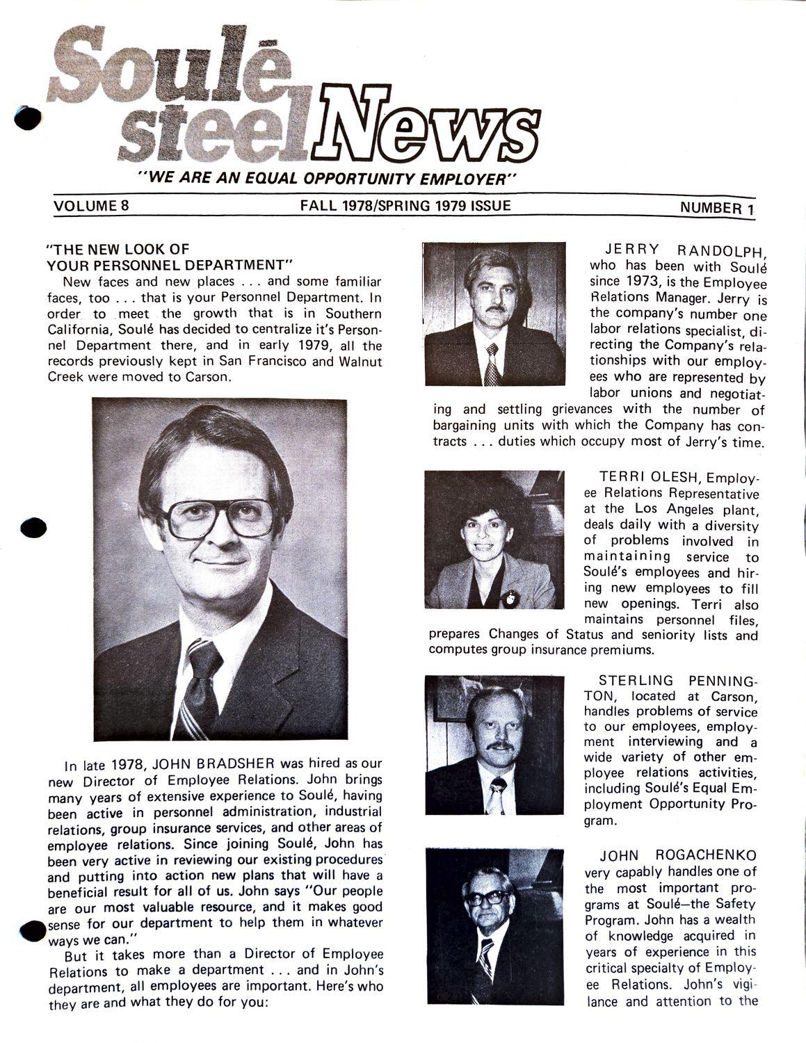 Newsletter cover with headline and photos of four employees.