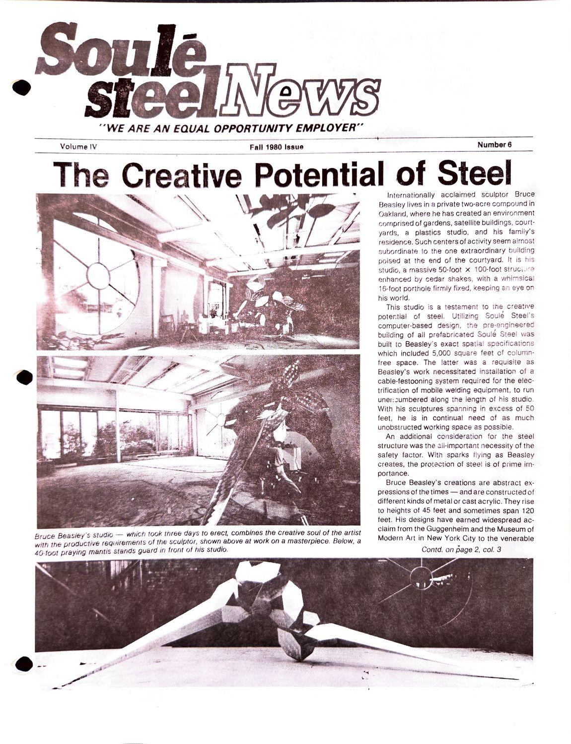 A newsletter cover with a workshop photo and a metal sculpture.