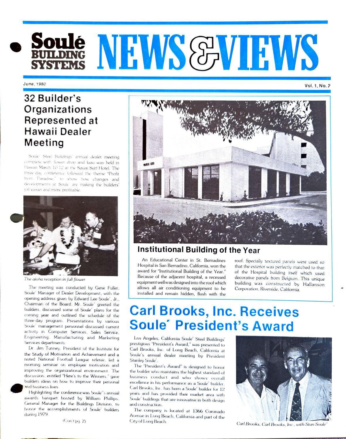 Soule Building Systems newsletter cover with building photo and meeting image.